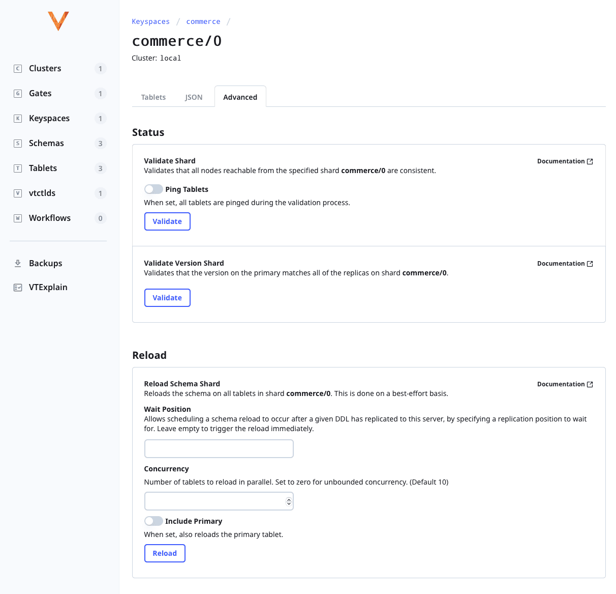 New UI showing keyspace commerce 0 and settings