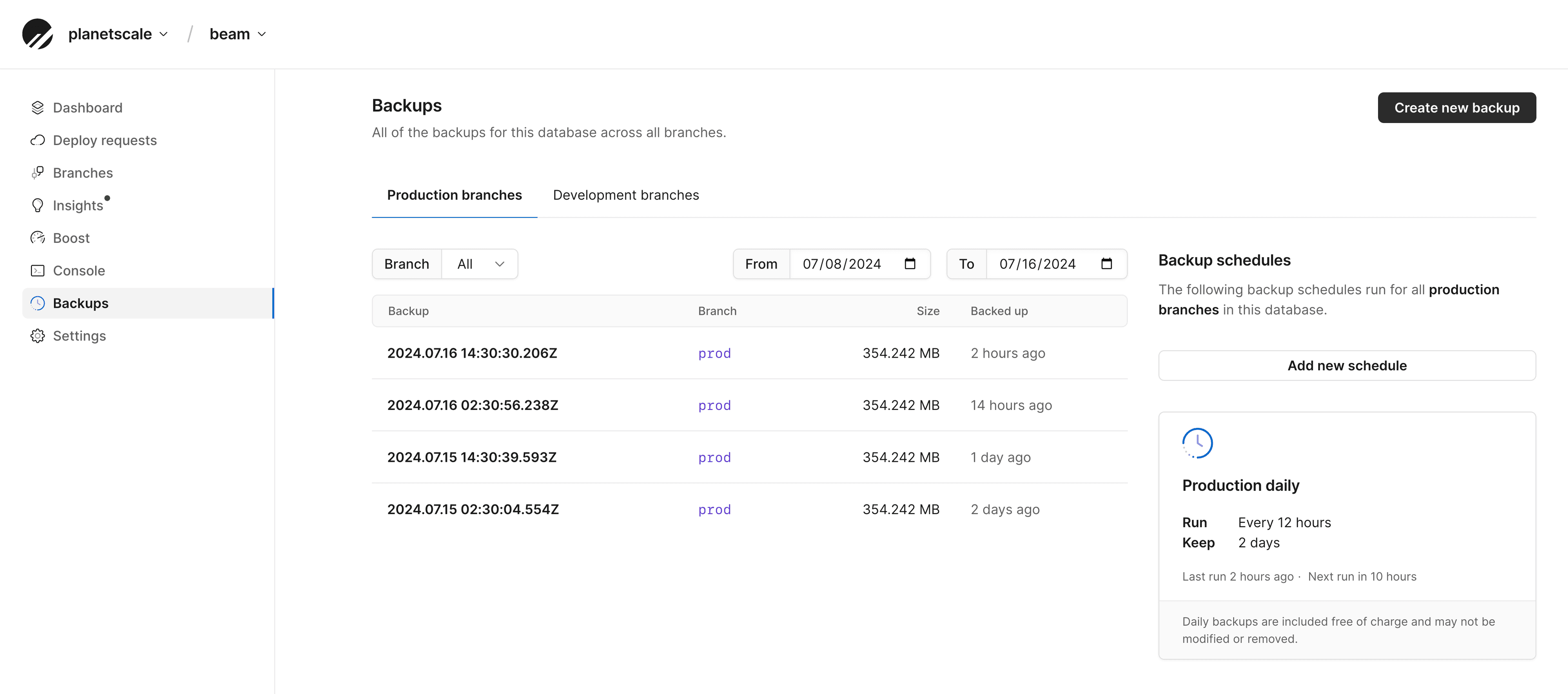 PlanetScale backup history