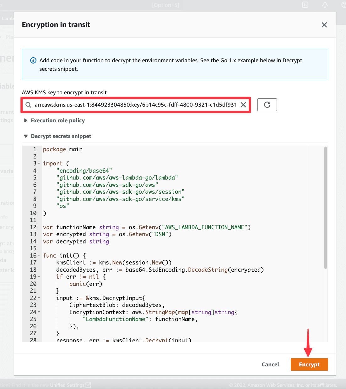 The Encryption in transit modal.
