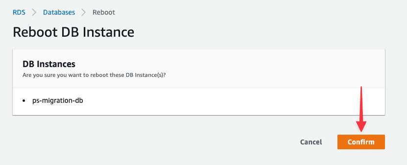 The confirmation dialog to reboot the database.