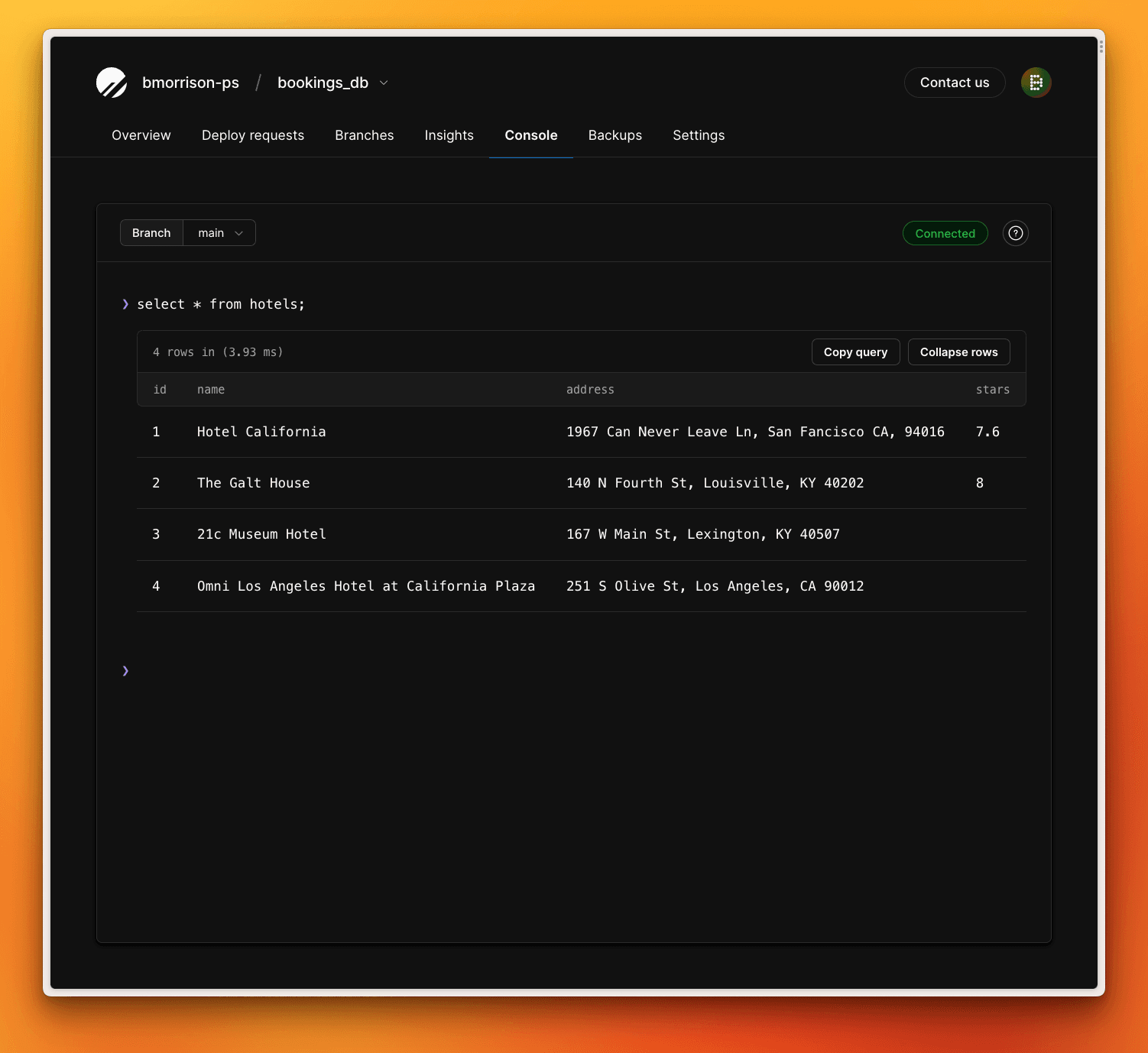 The select query from the PlanetScale console